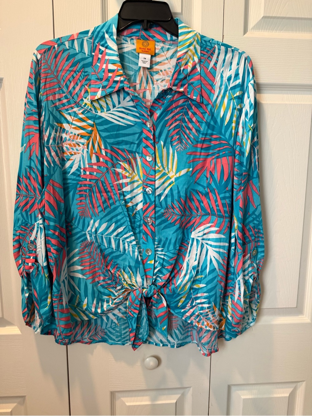 # Ruby Rd. 3X Turquoise Tropical Tie-Front Button Down Shirt
